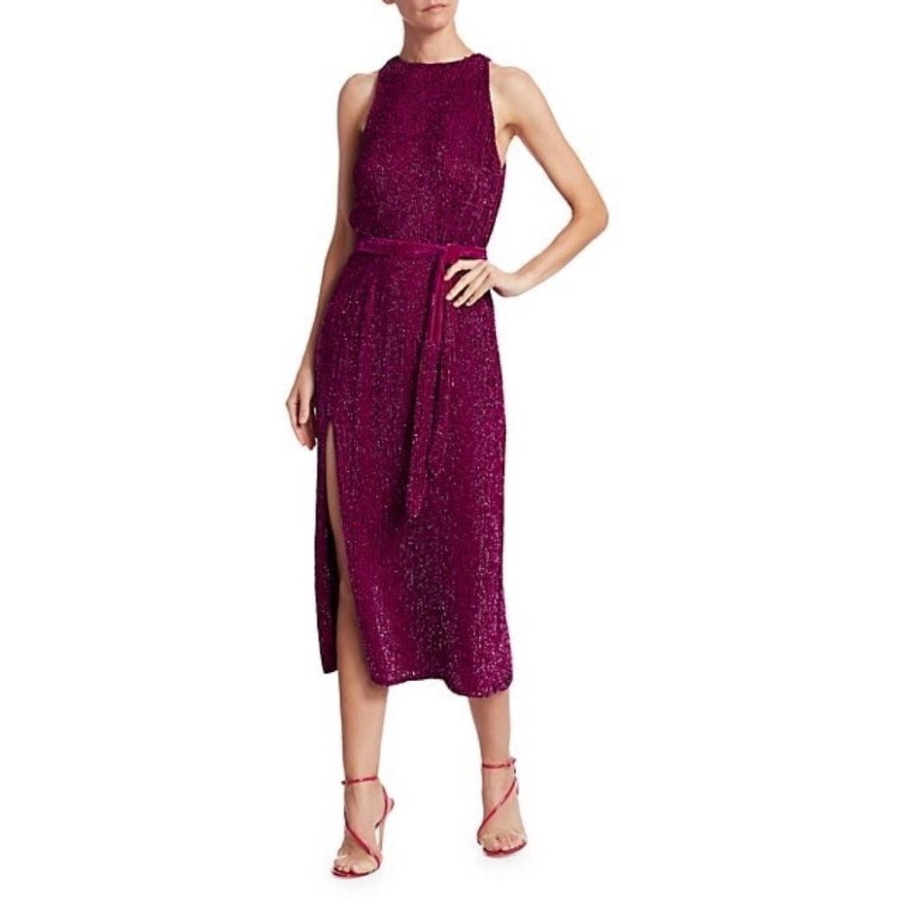 Retrofete Tilly Sequin Tie Sash Midi Dress Size Large Magenta Sequin